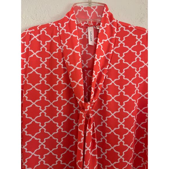 Tacera Tie Neck Blouse Womens Size XL Orange White Button Front Work Church - Picture 2 of 14